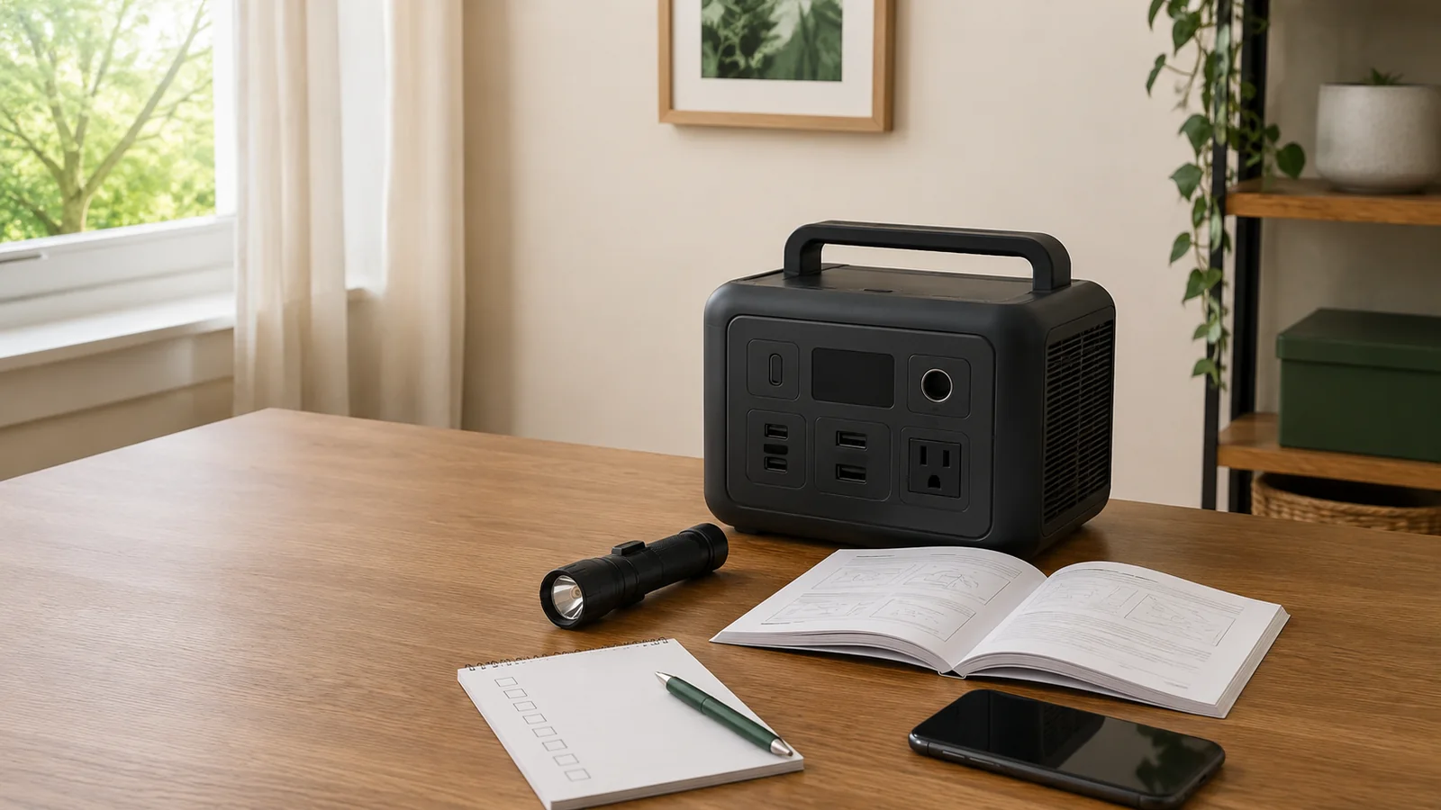 Unbranded portable power station beside a flashlight, manual, phone, and blank pre-use inspection checklist.