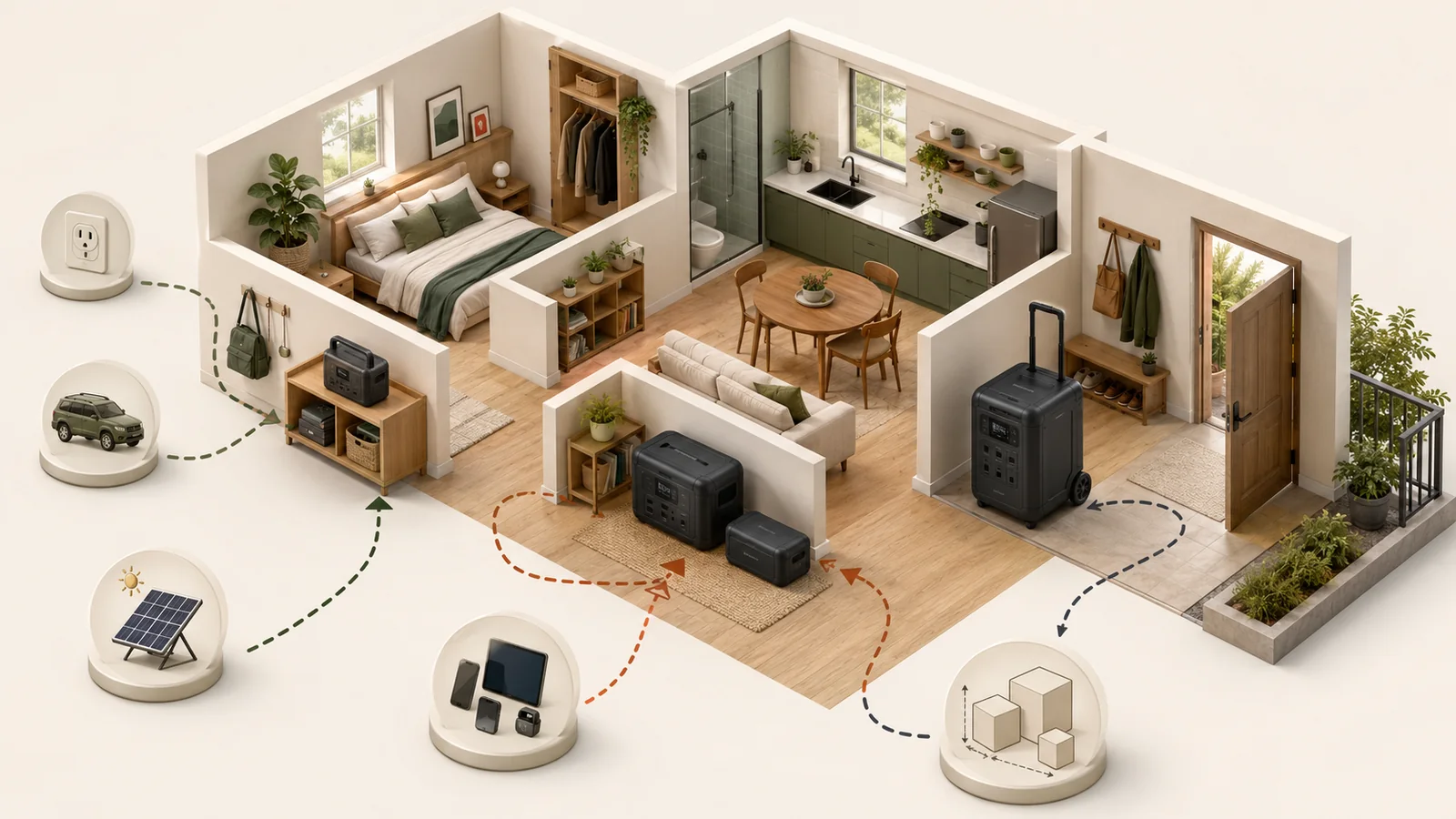 Illustrative apartment and small-home portable power station feature-fit scene with a floorplan, vehicle, solar panel, and household devices.