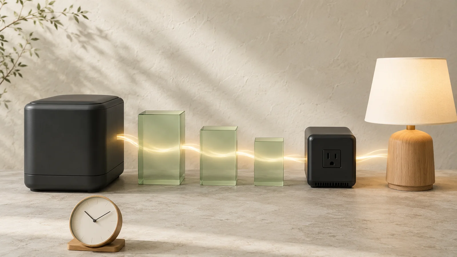 Illustrative battery capacity and runtime specification scene with a portable power station, outlet, lamp, and clock.