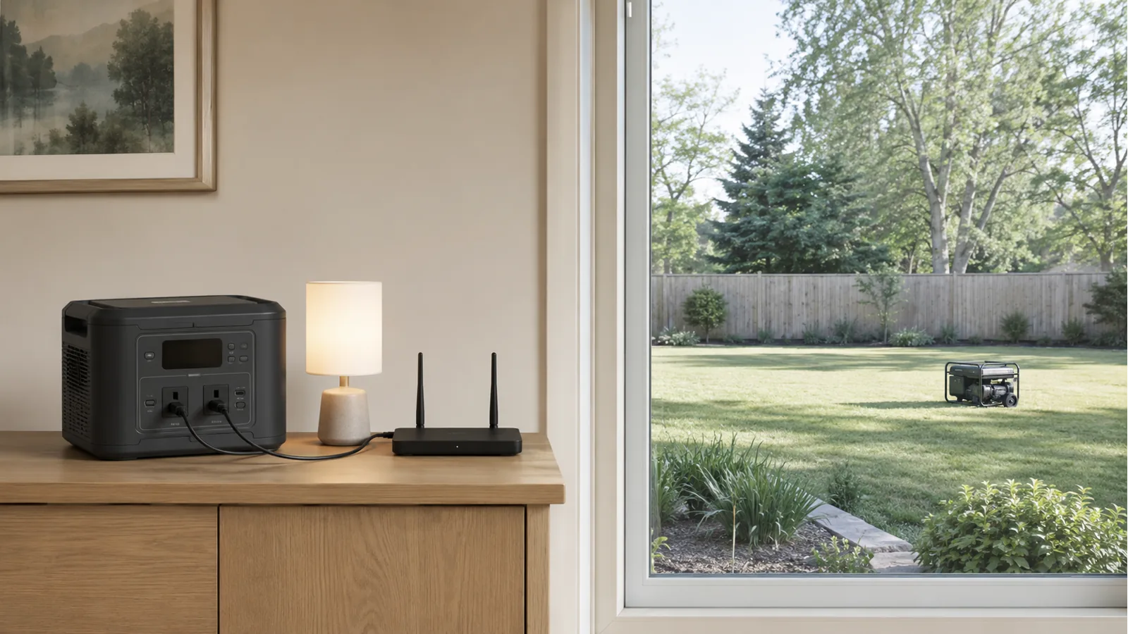 Illustrative comparison of an indoor portable power station and an outdoor fuel generator viewed from a home.
