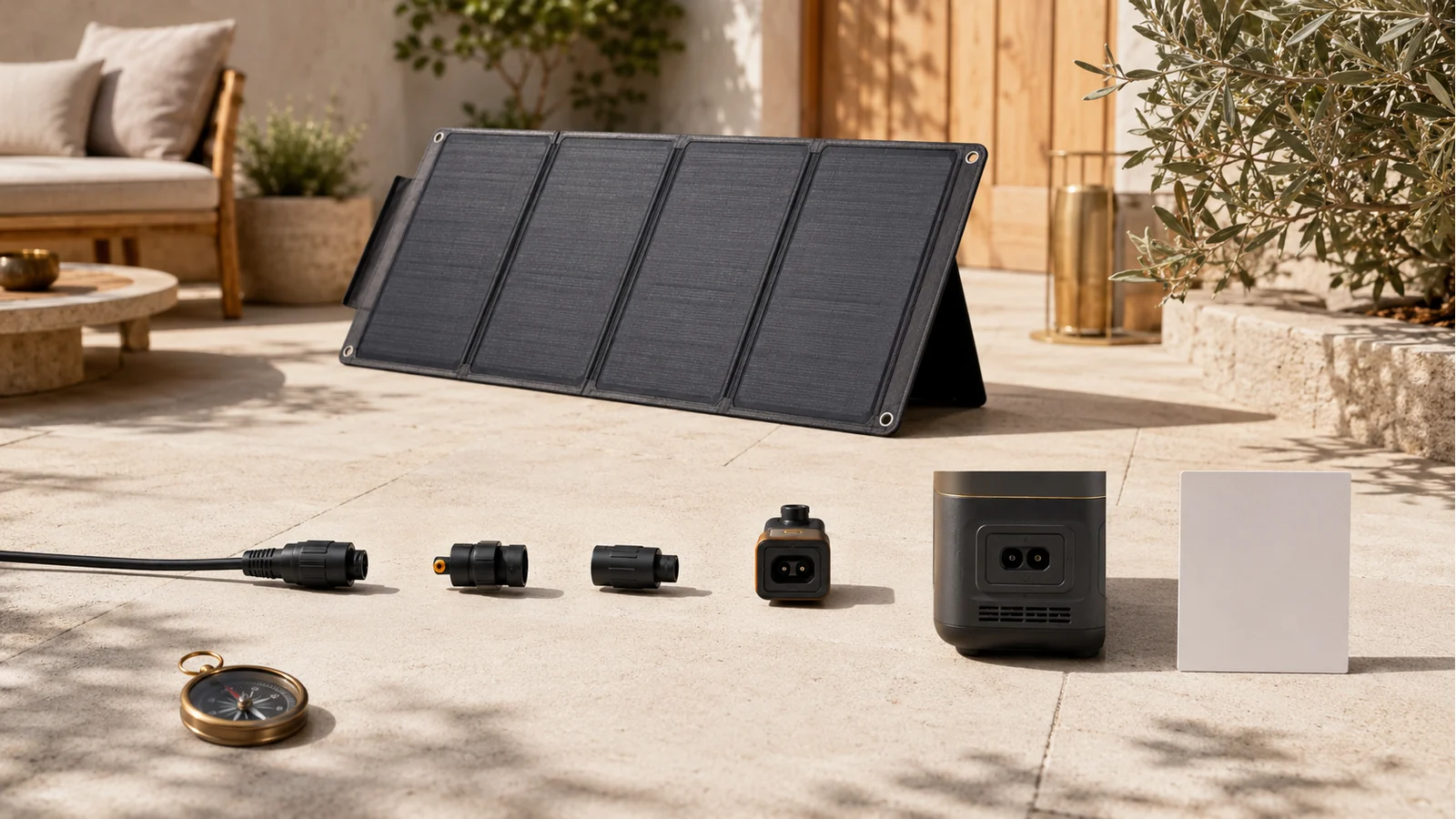 Illustrative portable solar panel, connectors, and power station setup for comparing compatibility specifications.
