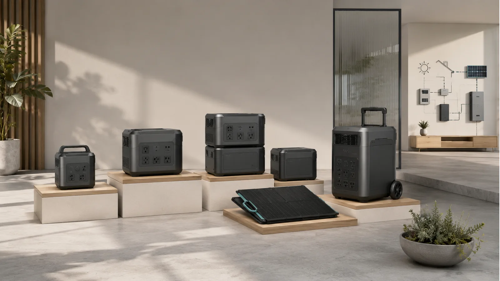Illustrative range of portable power stations and a solar panel arranged from compact to larger home-energy equipment.