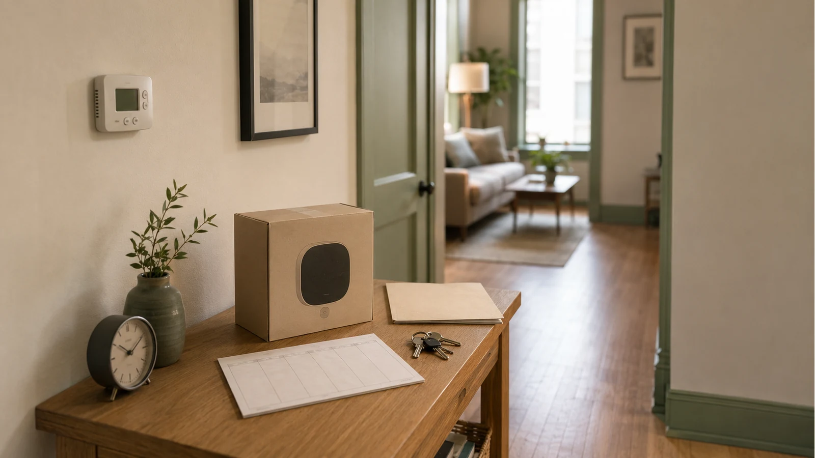 Illustrative smart thermostat decision scene in a renter home with a wall thermostat, schedule notes, and a small apartment interior.