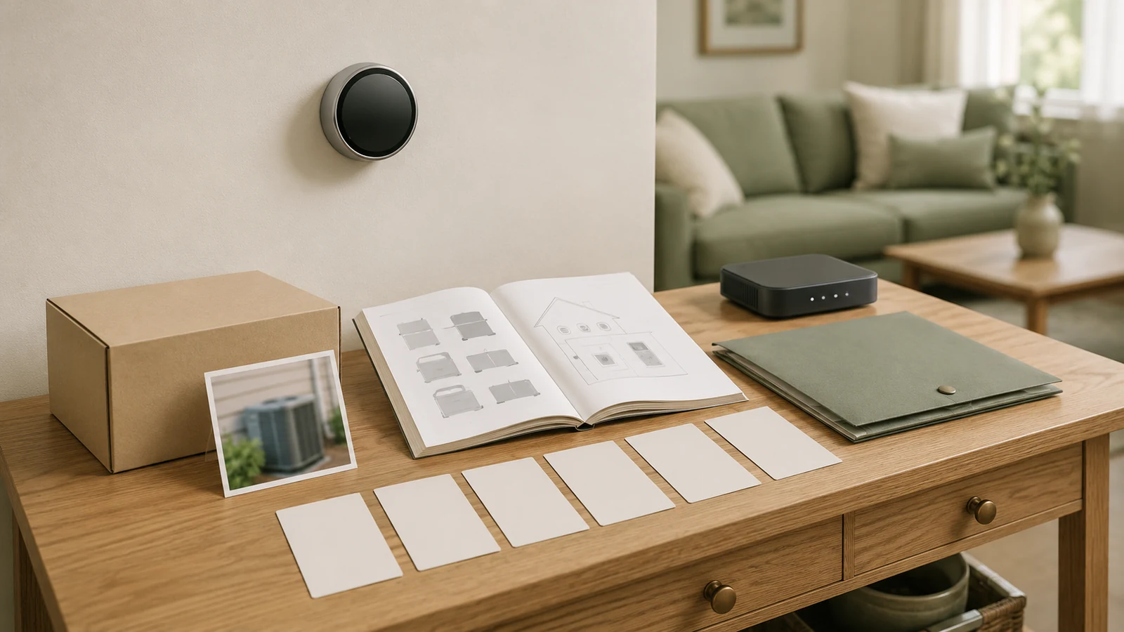 Illustrative smart thermostat compatibility-planning scene with an unbranded wall thermostat, HVAC notes, equipment reference, and checklist cards.