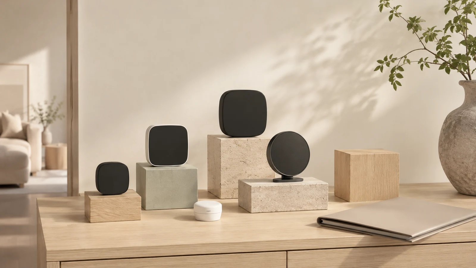 Illustrative unbranded smart-home thermostat product-line scene with several device forms and a room-sensor context in a home setting.