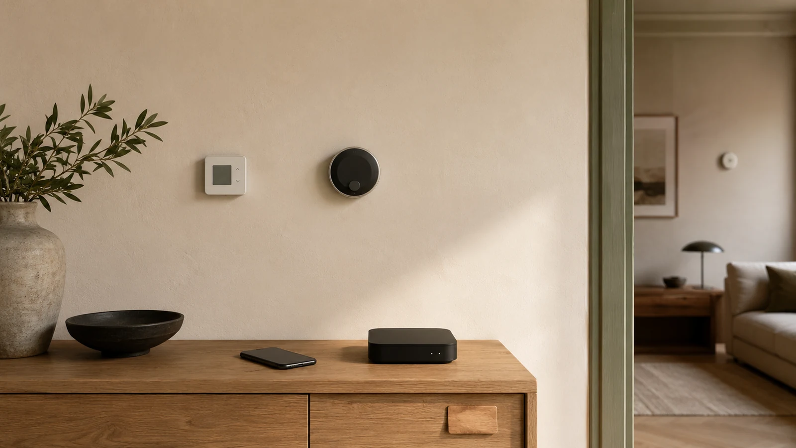 Illustrative unbranded smart-home thermostat product-line scene with several device forms and a room-sensor context in a home setting.