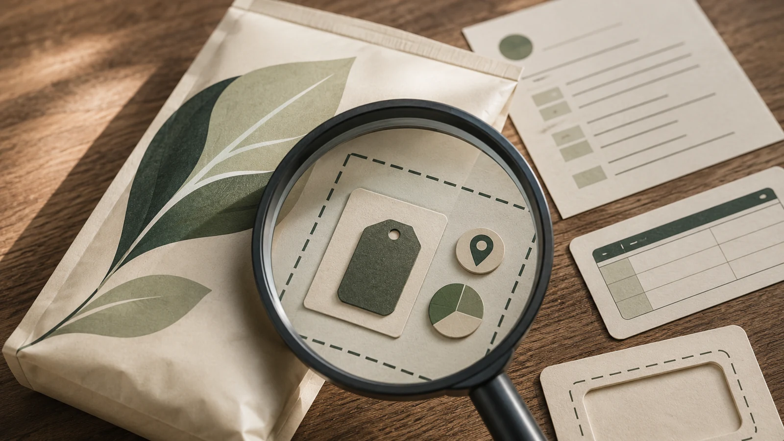 Illustrative environmental-claim verification scene with a magnifying glass over unlabeled product cards and leaf graphics.