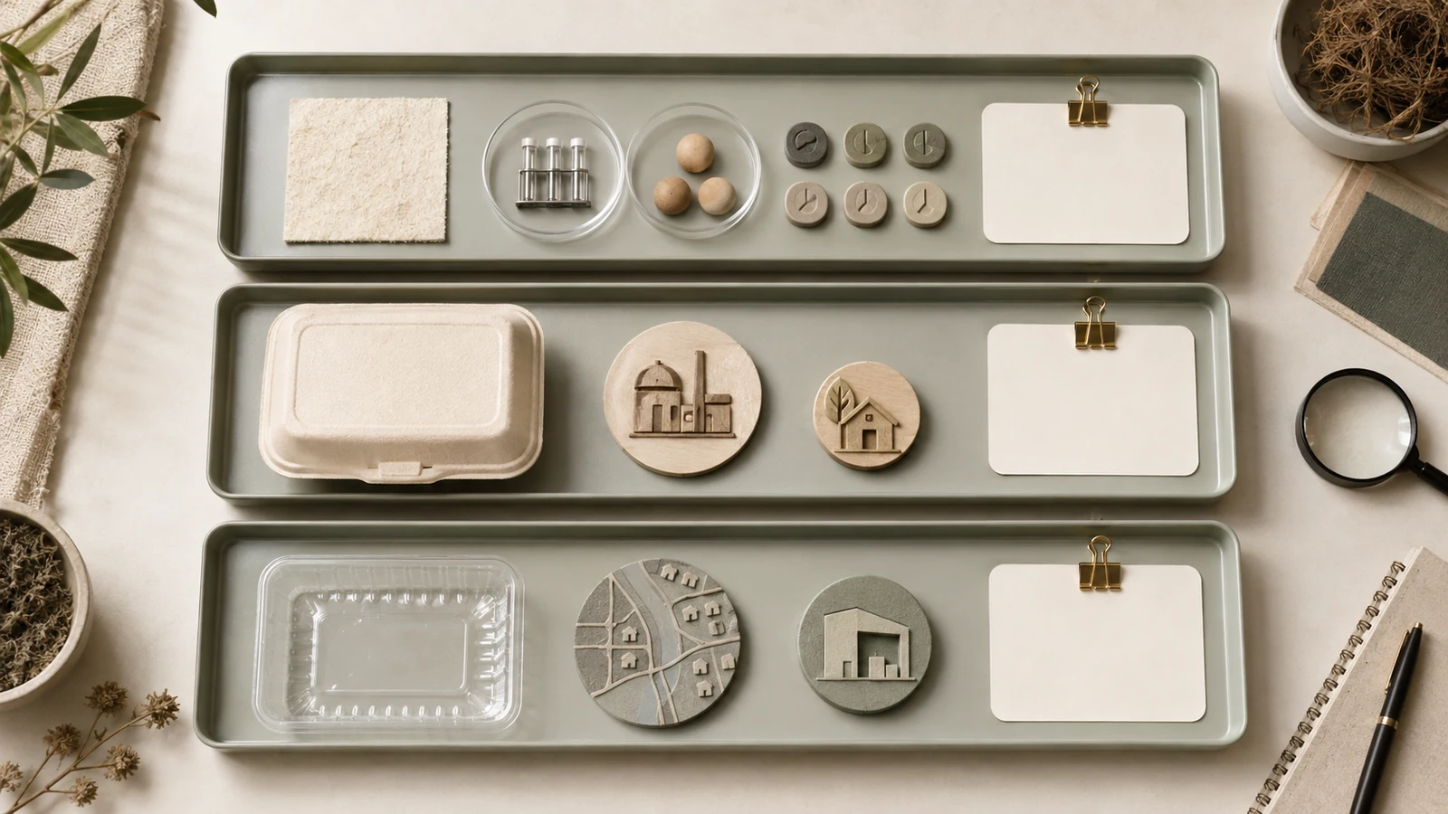 Illustrative three-way material comparison with generic containers, water-drop and light symbols on labeled trays.