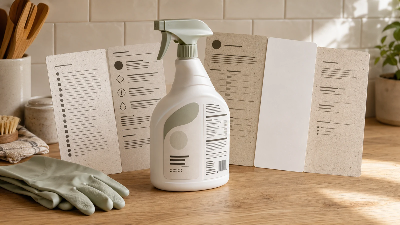 Illustrative generic cleaning bottle with gloves and abstract claim-review cards.