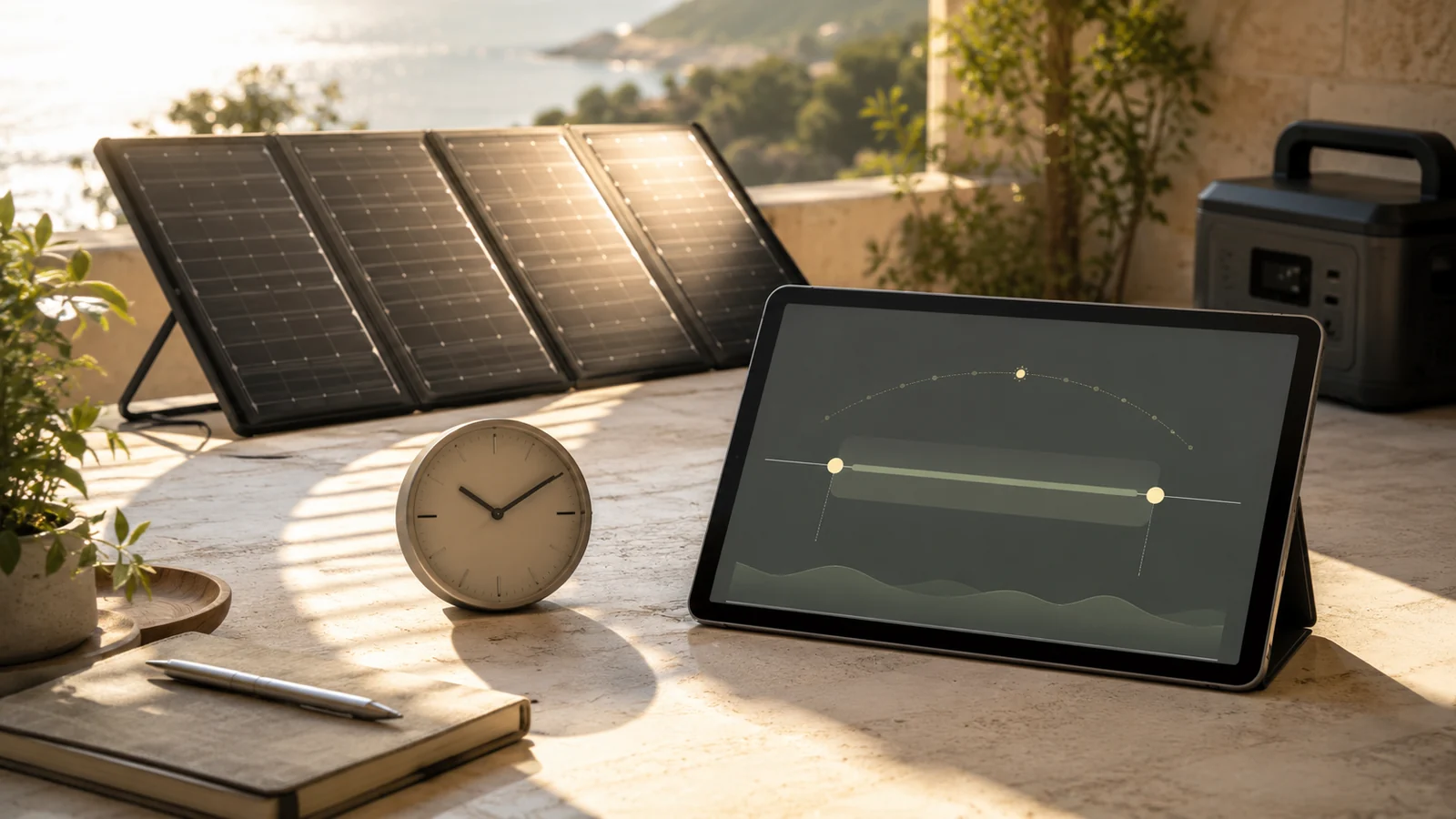 Portable solar panel, power station, clock and an illustrative charging-range display on a terrace
