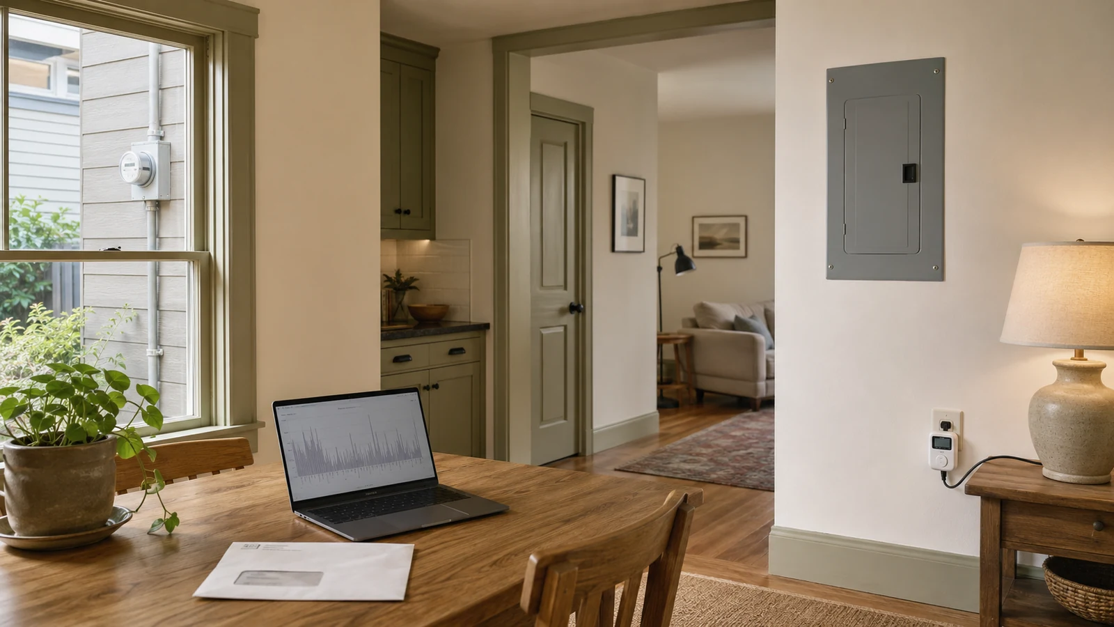 Illustrative home monitoring scene with a closed electrical panel, utility meter, laptop graph and plug-in meter beside a lamp.
