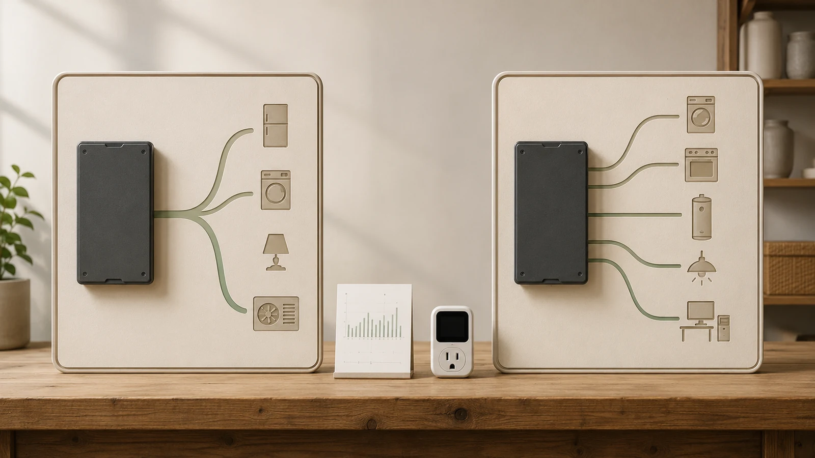 Illustrative comparison of two generic home-energy monitoring boards with appliance and data symbols.