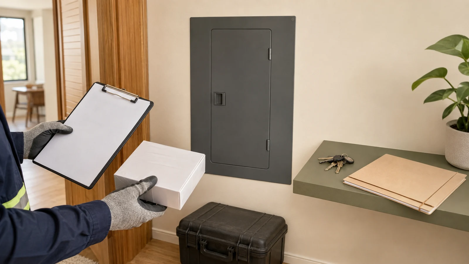 Illustrative home energy-monitor safety scene beside a closed electrical panel and blank checklist.