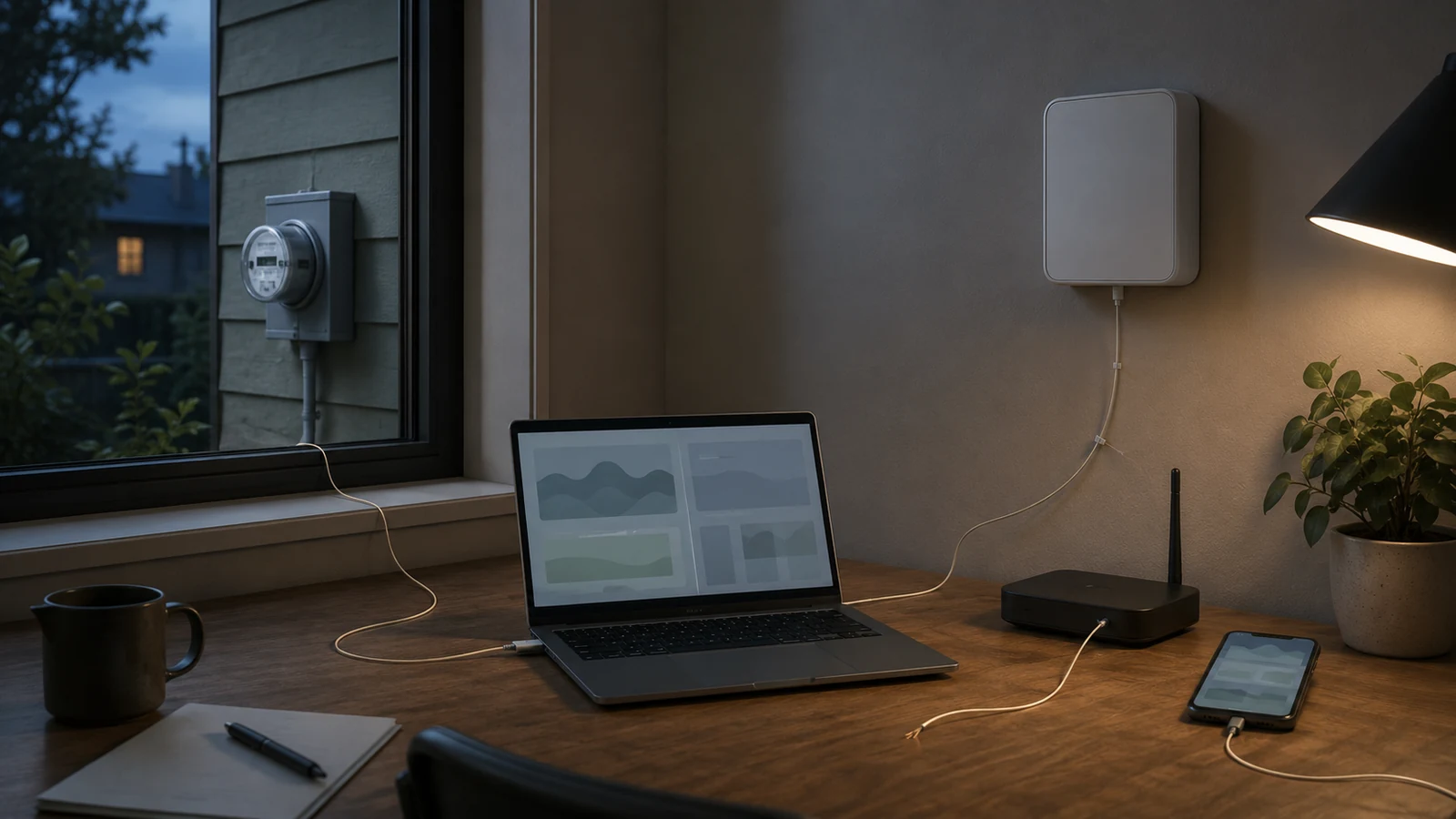 Illustrative home-energy data integration scene with a meter, laptop, router and phone connected by cables.