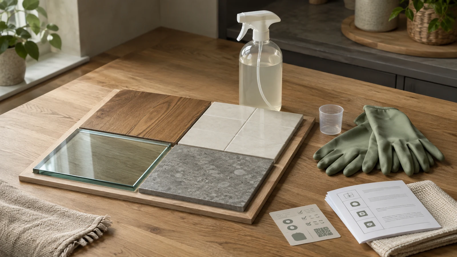 Illustrative lower-impact cleaning-product comparison scene with a generic spray bottle, surface samples, measuring cup and gloves.