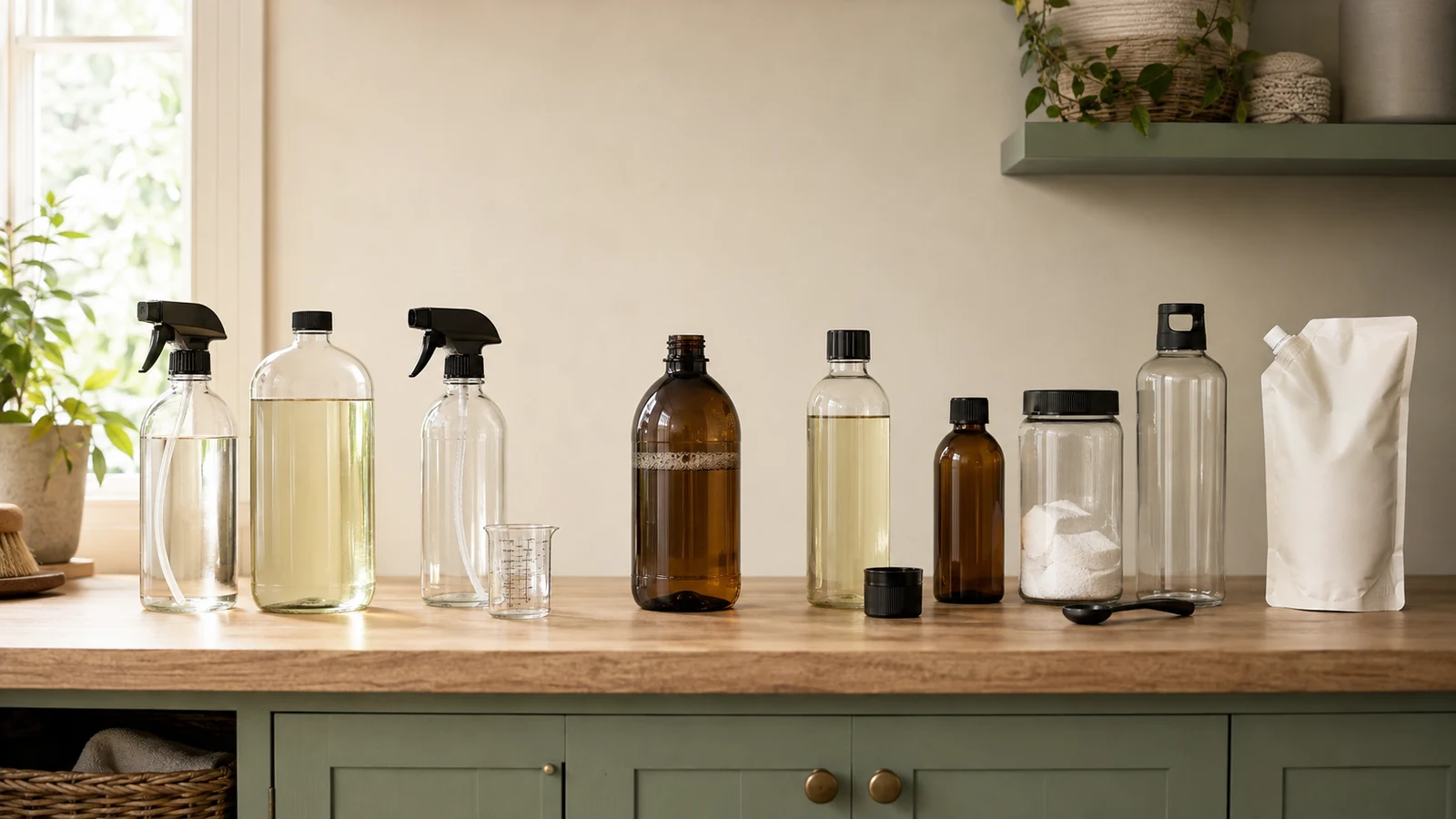 Unbranded spray bottles, refill containers, measuring cup and powder arranged on a kitchen counter.